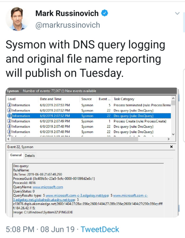 Image of a tweet from Mark Russinovich about Sysmon supporting dns query logging.
